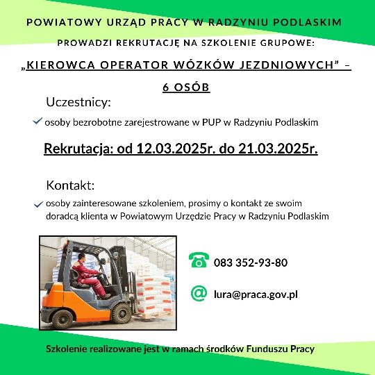 Zdjęcie artykułu Rekrutacja na szkolenie grupowe "Kierowca operator wózków jezdniowych"