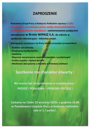 Zdjęcie artykułu Zaproszenie na spotkanie z firmą WIPASZ S.A.